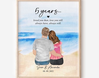 5th Anniversary Gift- Custom Couple Portrait Illustration Drawing, Fifth Year Anniversary Gift ideas for wife, husband, 5 years anniversary