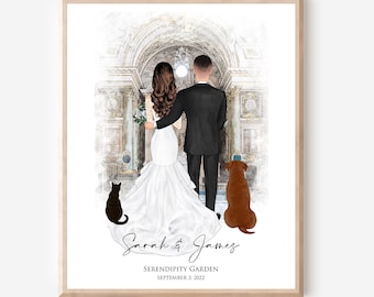 Wedding Gift with Altar Background for Couple with dog and pet, 1st Anniversary Paper Gift,Newly Weds with Pets Illustration,Wedding drawing