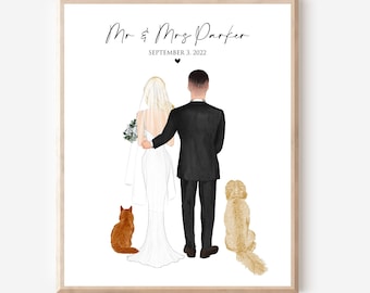 Wedding Gift for Couple with dog and cat pet, 1st Anniversary Paper Gift, Newly Weds Illustration,Wedding drawing, Alternative Guest book
