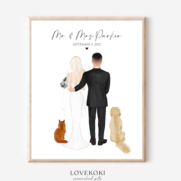 Hochzeitsgeschenk für Paare mit Hund und Katze, Papiergeschenk zum 1. Jahrestag, Illustration für frisch vermählte Paare, Hochzeitszeichnung, alternatives Gästebuch