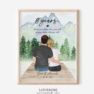 8e verjaardagscadeau - aangepaste paar portret illustratie tekening, achtste verjaardag cadeau-ideeën voor vrouw, echtgenoot, 8-jarig jubileum