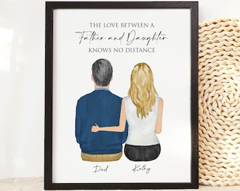 Custom Father and Daughter Portrait Wall Art, Personalized Father's Day Gift, Dad Birthday Gift, Family Drawing Illustration, Home Decor