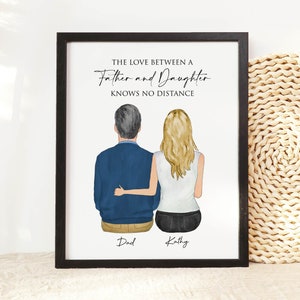 Custom Father and Daughter Portrait Wall Art, Personalized Father&#39;s Day Gift, Dad Birthday Gift, Family Drawing Illustration, Home Decor