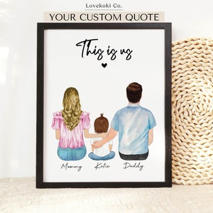 Personalized Father's Day Gift, New Family Portrait with dog, Custom Family Portrait, Wall Art Illustration of Young Couple, kid or pet
