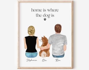 La maison est l'endroit où se trouve le chien Portrait de couple, cadeau personnalisé pour petit ami, art mural personnalisé pour animal de compagnie, cadeau chien maman chien papa, portrait d'animal de compagnie pour la fête des mères