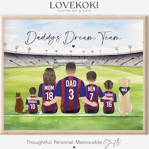 Ritratto di famiglia calcistico personalizzato con i bambini del Dream Team di Daddy, regalo personalizzato per la festa del papà per papà o marito, regalo per tifosi di calcio per papà calciatori