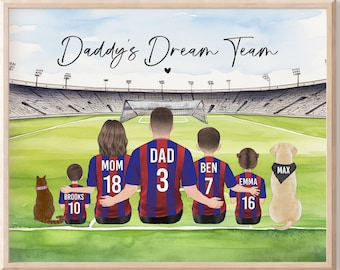 Daddys Dream Team Custom Soccer Family Portrait with Kids, Personalized Father's Day gift for Dad or Husband, Soccer Fan Gift for Soccer Dad