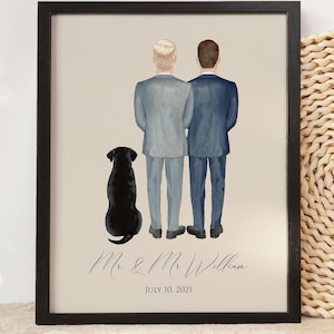 Meneer en heer homohuwelijksafdruk, cadeau bruidegom en bruidegom, lhbt-huwelijkscadeau, gepersonaliseerd homohuwelijkscadeau, homopaar met hond jubileumcadeau
