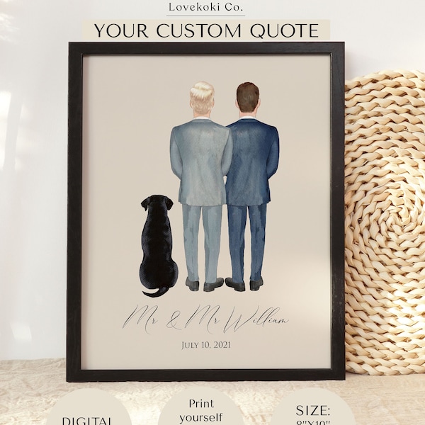 Impression de mariage M. et M. Gay, cadeau pour mariés, cadeau de mariage LGBT, cadeau de mariage gay personnalisé, cadeau d'anniversaire pour couple gay avec chien