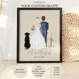 Personalized Wedding Gift for Couple with pets, 1st Anniversary Paper Gift, Guest book, Custom Wedding Portrait, Bride Groom and pet print