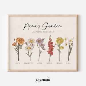 Regalo del Día de la Madre para la abuela, ramo de flores de nacimiento personalizado para pared de Nana's Garden, regalo de Gigi, impresión digital de flores antiguas personalizadas