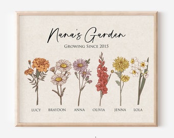Mother&#39;s Day Gift for Grandma, Nana&#39;s Garden Custom Birth Flower Bouquet Wall Art, Gigi Gift, Personalized Antique Flower Digital Print