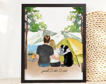 Custom Couple Lake Camping Print, Anniversary/Birthday/Valentines Gift for Him/Her, Personalized Couple Pet Portrait, Couple Dog Print