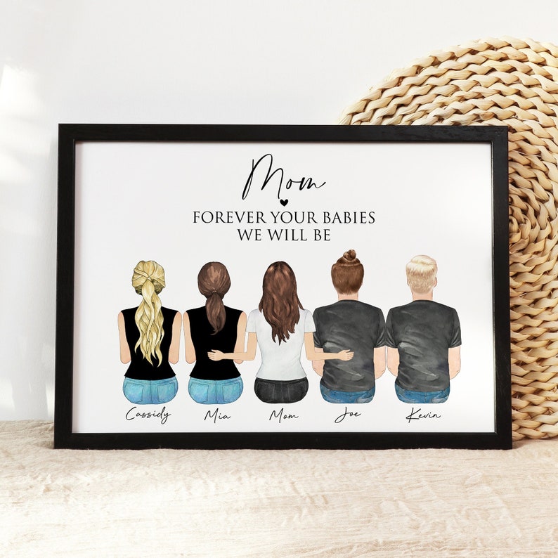 Christmas gift for Mom from Daughter or Son, Mother Birthday Gift, Custom Family Portrait Illustration,Personalized Mother Children Wall Art 