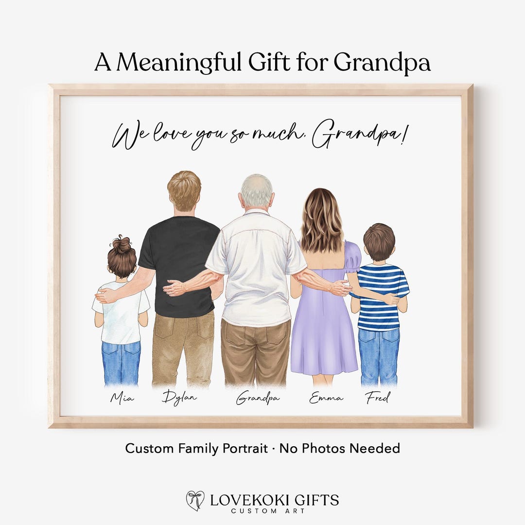 Custom Great Grandpa & Grandkids Family Portrait, Birthday Parent Papa