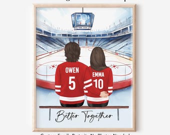 Custom Ice Hockey Couple Portrait with Pets, Personalized Hockey Gift for Boyfriend Girlfriend, Anniversary Birthday Mothers Day Wall Art