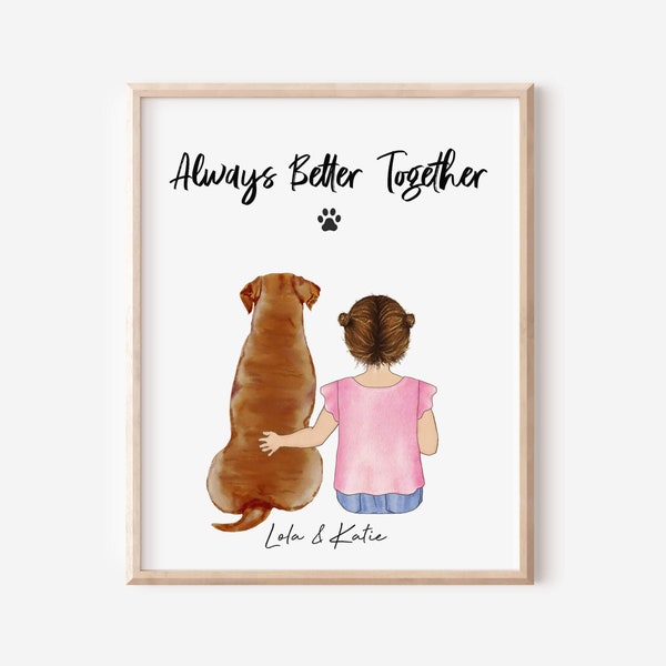 Personalized Wall Art of Pet and Girl, Mother's Day gift for daughter with dog, Custom Dog Lover Print, Digital Dog Portrait, Pet and Kid