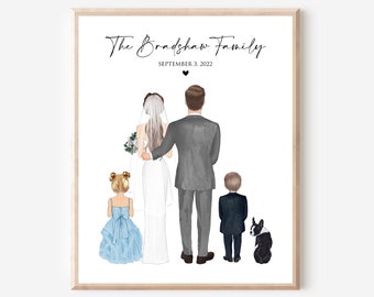 Wedding Gift for Couple with kids and pet, 1st Anniversary Gift, Blended family portrait, 2nd Marriage drawing, Alternative Guest book