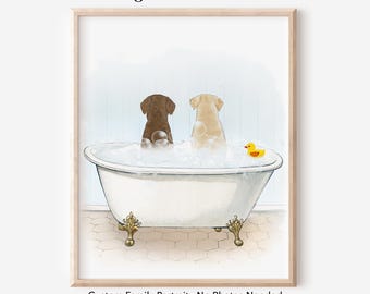 Funny Dog Bathroom Wall Art, Custom Pets in Bathtub Portrait, Personalized Digital Print, Mother's Day Gift