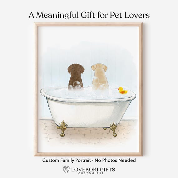 Funny Dog Bathroom Wall Art, Custom Pets in Bathtub Portrait, Personalized Digital Print, Mother's Day Gift