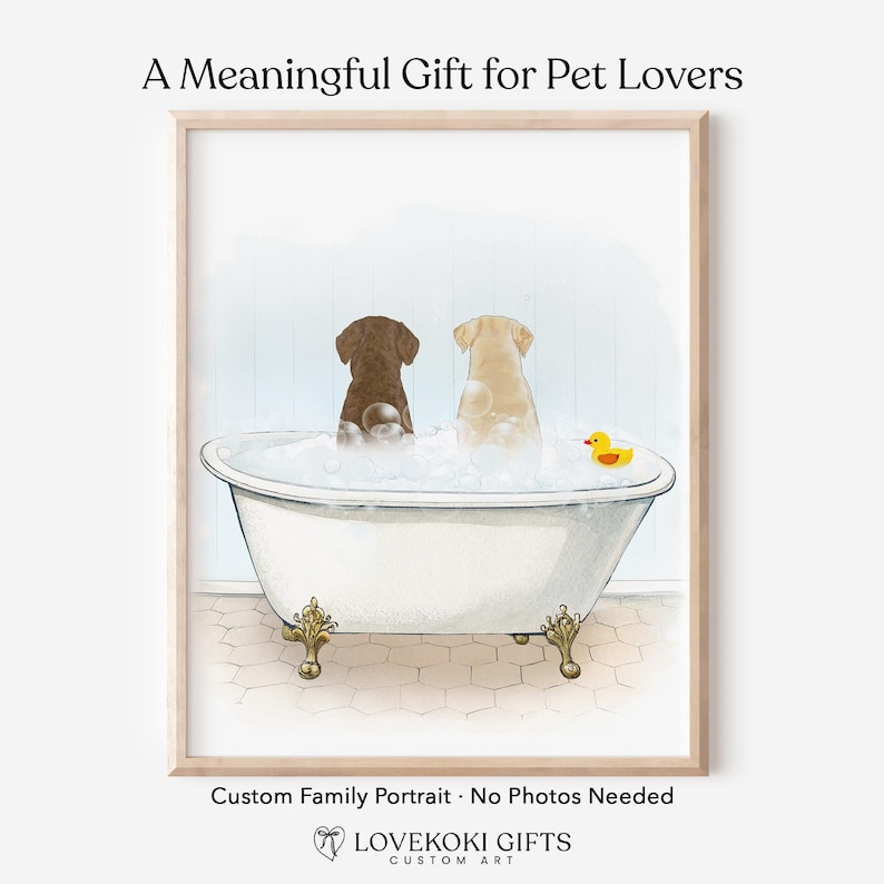 Divertente quadro da parete per il bagno con cane, ritratto personalizzato di animali domestici nella vasca da bagno, stampa digitale personalizzata, su tela o con cornice. immagine 1