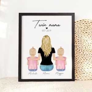 Regalo del día de la madre para mamás gemelas, regalo para madres gemelas, regalo de cumpleaños personalizado para esposas de bebés gemelos, retrato familiar personalizado, arte para mamás e hijos