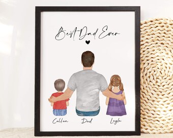 Personalized Gift for Dad from Kids, Daddy Birthday Gift, Custom Family Portrait Drawing, Gift for Husband, Best Dad Ever Print Wall Art