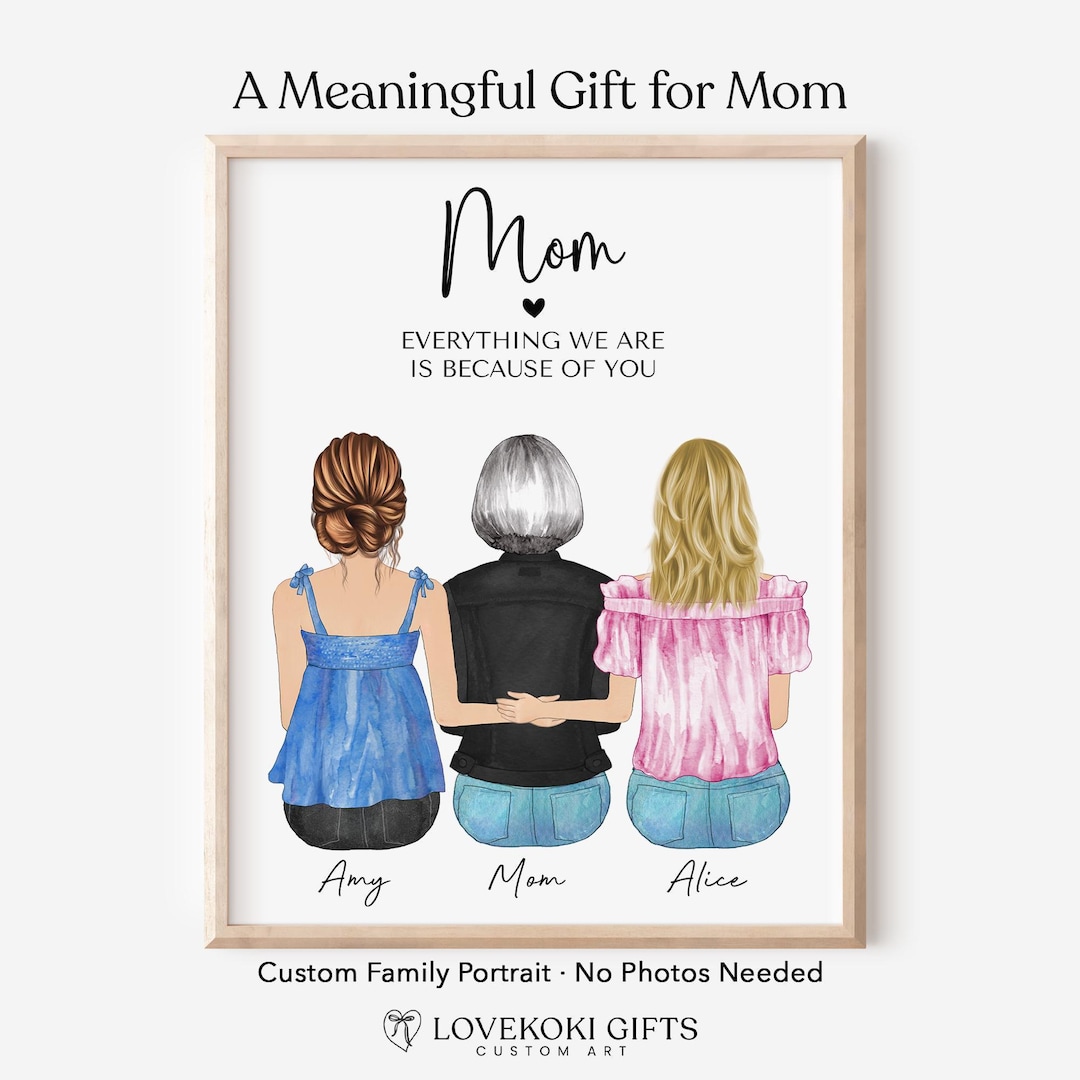 Custom Mother Daughter Portrait, Personalized Wall Art, Mom & Kids ...
