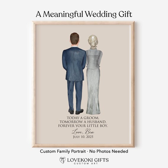 Custom Mother Son Wedding Portrait, Mother of the Groom Gift from Son, Personalized Wedding Day Illustration, Wedding Gift from Groom