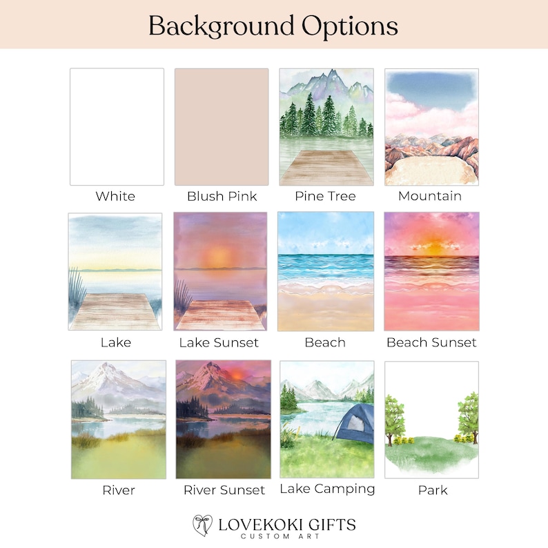 a collection of twelve different landscape scenes, each with a unique background option. The options include a white background, a pink background, a pine tree background, a mountain background, a lake background, a beach background, a sunset background, a lake sunset background, a beach sunset background, a river sunset background, a lake camping background, and a park background.