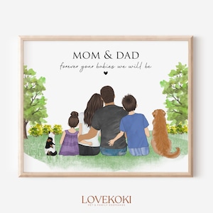 Fathers Day Gift for Mom from Daughter Son,Custom Family Portrait with Pet,Personalized Family Drawing,Family Gift,Mum Dad Birthday Gift