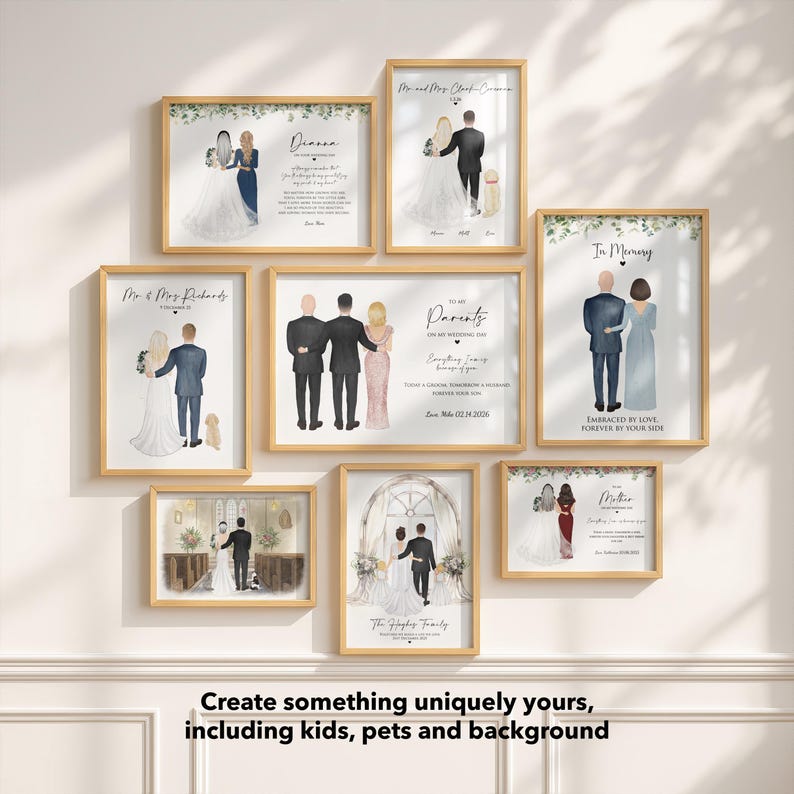 Retrato para los padres de la novia, regalo para la madre de la novia, dibujo de boda personalizado, arte mural familiar personalizado para mamá y papá. imagen 2
