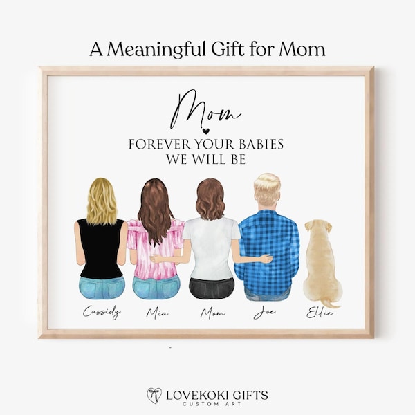 Retrato personalizado de madre e hijos adultos, arte de pared familiar personalizado enmarcado, regalos del Día de la Madre de parte de la hija, regalo de cumpleaños, arte en lienzo