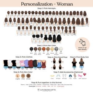 The image is a visual guide for personalizing a woman's appearance, providing step-by-step instructions on how to pick hairstyle, pick hair color, pick clothes, pick hand pose, pick body size, pick skin color, and add accessories.