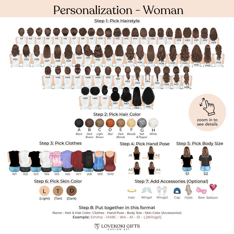 The image is a visual guide for personalizing a woman's appearance, providing step-by-step instructions on how to pick hairstyle, pick hair color, pick clothes, pick hand pose, pick body size, pick skin color, and add accessories.