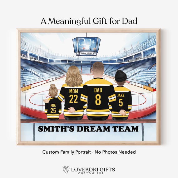 Custom Hockey Family Portrait, Personalized Valentines Gift for Dad, Dream Team Print with Pets, Ice Rink Digital Print