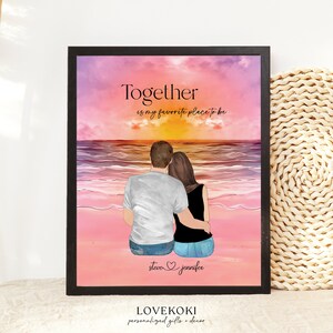 Personalized Birthday Gift for Husband, Couple portrait on beach drawing, Boyfriend Girlfriend Anniversary gift,Pet Family Print for him her