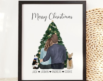 Ritratto di famiglia con cani per la festa della mamma, stampa personalizzata di coppia con gatti, ritratto di famiglia personalizzato con animali domestici, biglietto di auguri di Buon Natale per lui