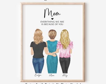 Custom Mom and 2-3 Daughters Watercolor Portrait, Mothers Day Gift from Daughter, Personalized Birthday Wall Art, Family Illustration