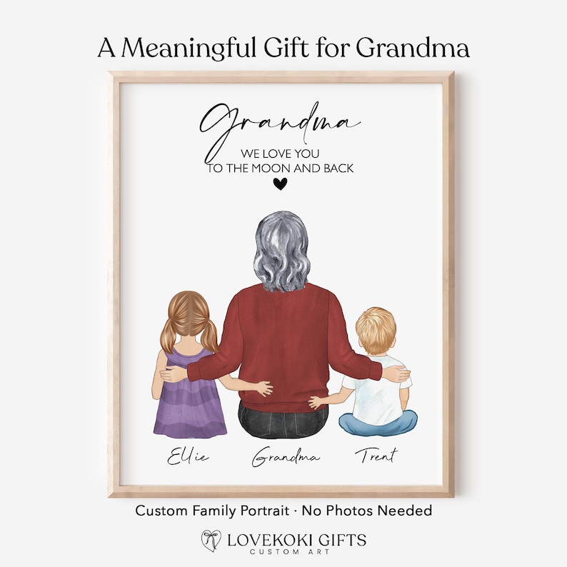 Custom Grandma Grandchildren Portrait, Personalized Grandmother Gift for Mother's Day, Framed Family Wall Art, Nana Grammy Birthday Gift image 1