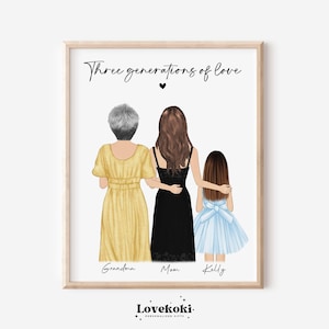 Regalo personalizado para el Día de la Madre, lámina "Tres generaciones de amor" con la abuela, lámina "Madre, hija y nieta". Retrato personalizado de la abuela.