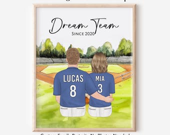 Custom Baseball Couple with Pets Portrait, Personalized Sports Gift for Him Her, Dog Cat Family Wall Art, Softball Birthday Gift Boyfriend