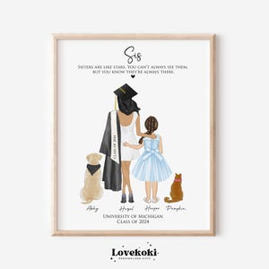 Aangepaste afstudeerposter zus met huisdieren, afstudeercadeau zus, Big Little, aangepaste afstudeerposter zus, middelbare school, afstuderen 2025