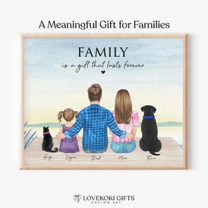 May include: A framed family portrait with a light wood frame. The artwork depicts a family of four, a black cat, and a black dog. The text reads "FAMILY is a gift that lasts forever". The artwork is a custom art piece.