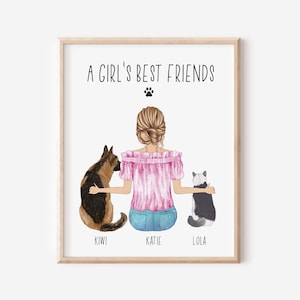 Pet Lover Mother&#39;s Day Gift, Girls Best friend Print for Dog Mom, Personalized Dog Owner Wall Art, Digital Watercolor Dog Portrait,Cat Mom
