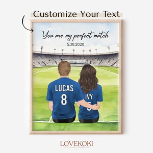 カスタムサッカーカップルポートレート、彼へのパーソナライズされた記念日の贈り物、夫の誕生日プレゼント、妻のガールフレンドへの贈り物、サッカーパパママへの贈り物