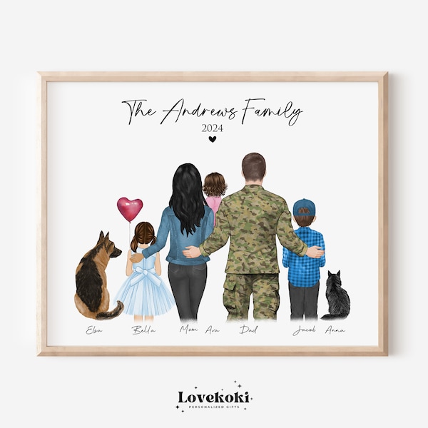 Custom Military Family Portrait with Pets, Birthday Gifts for Him, Personalized Army Family with dogs Illustration Drawing, Mothers day gift