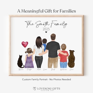 Aangepaste staande familieportret illustratie, gepersonaliseerd Moederdagcadeau, digitale familietekening met huisdieren, familiekunst aan de muur