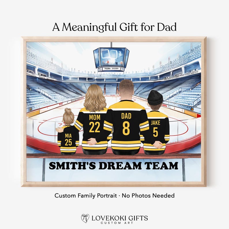 Retrato familiar de hockey personalizado, arte de pared personalizado del equipo de ensueño, regalos para papá y mamá aficionados al hockey, regalo para esposo y esposa, regalo para amantes del hockey imagen 1