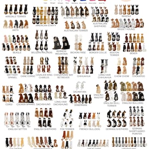 a grid of various dog breeds, each represented by a unique illustration. The illustrations depict dogs in different poses and expressions, showcasing the diversity of dog breeds. The image is a collage of multiple images, and the text is too small to read in detail. The image does not contain any text, and the descriptions provided are not complete.